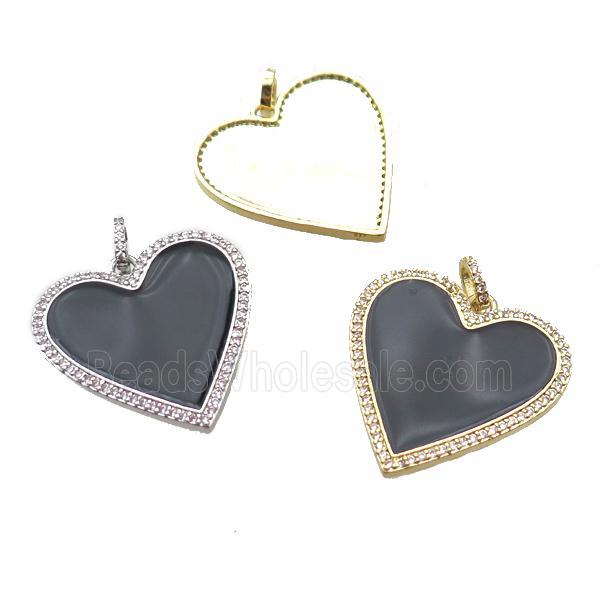 copper heart pendant paved zircon, black enameling, mixed color