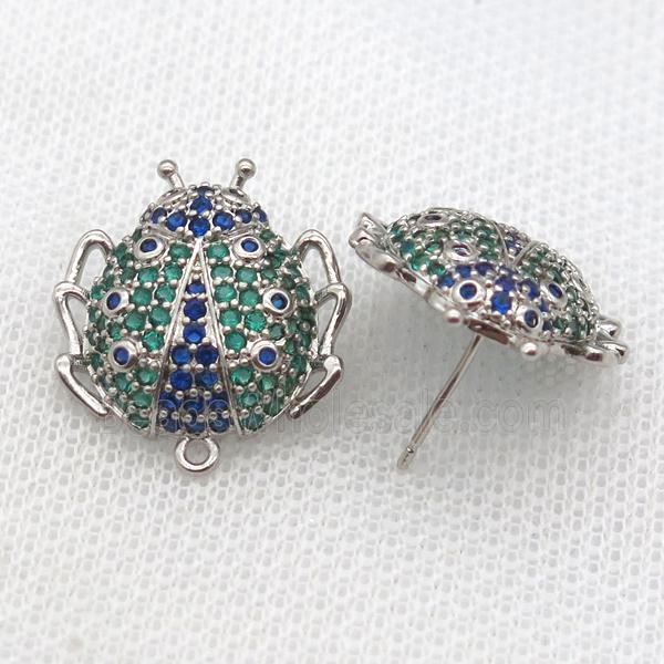 copper Studs Earring paved zircon, beetle, platinum plated