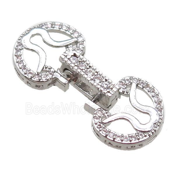 copper connector clasp paved zircon, circle, platinum plated