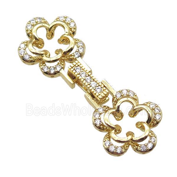 copper connector clasp paved zircon, flower, gold plated
