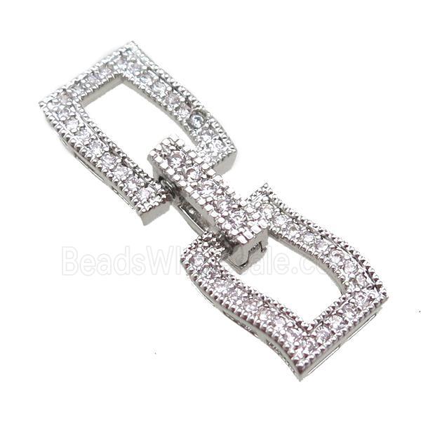 copper connector clasp paved zircon, rectangle, platinum plated