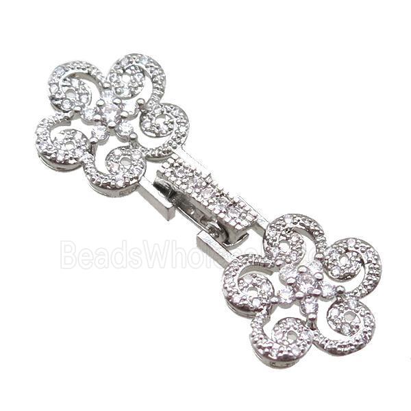 copper connector clasp paved zircon, flower, platinum plated