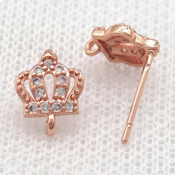 copper Stud Earrings paved zircon, crown, rose gold