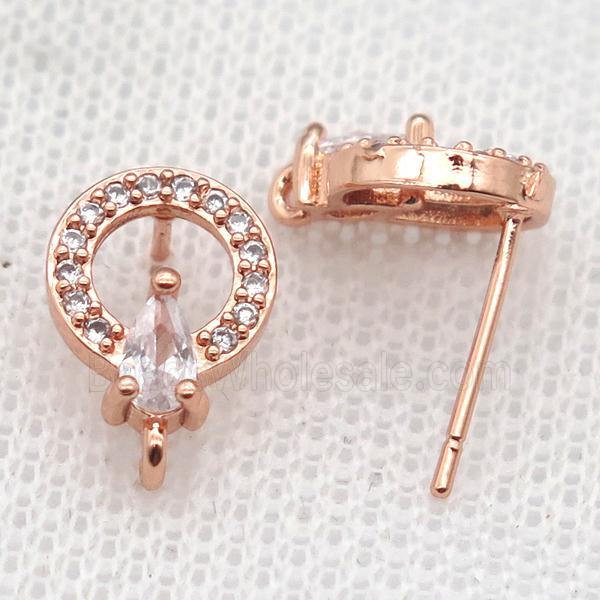 copper Stud Earrings paved zircon, circle, rose gold