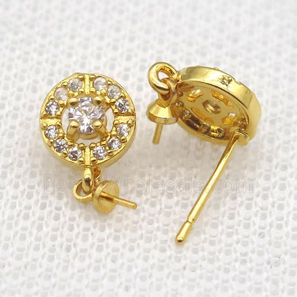 copper Stud Earrings paved zircon, circle, gold plated