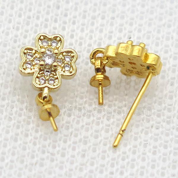 copper Stud Earrings paved zircon, clover, gold plated