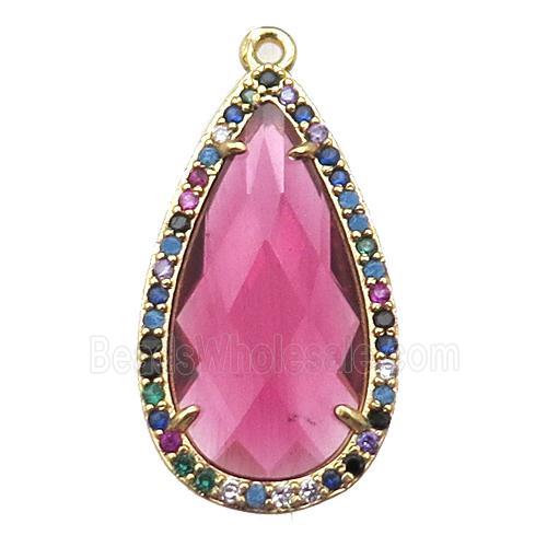 hotpink Crystal Glass teardrop pendant pave zircon, gold plated