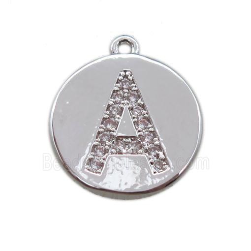 copper letter-A pendant paved zircon, platinum plated
