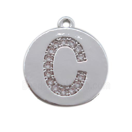 copper letter-C pendant paved zircon, platinum plated