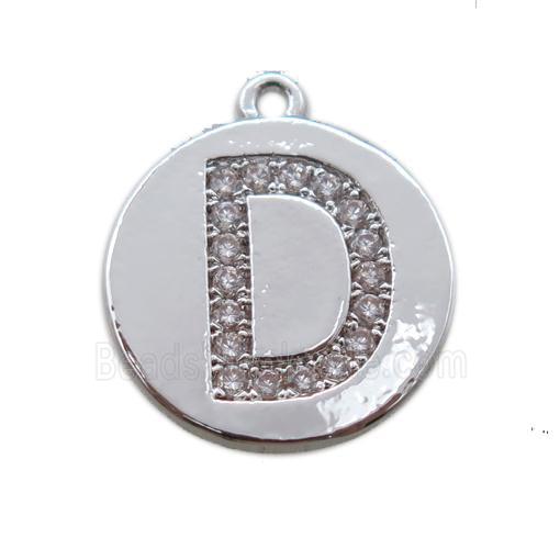 copper letter-D pendant paved zircon, platinum plated