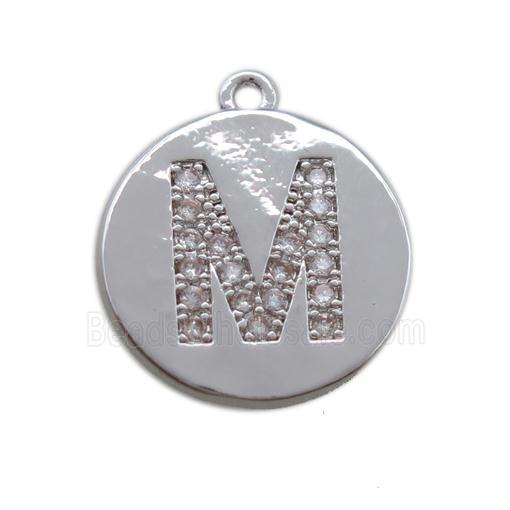 copper letter-M pendant paved zircon, platinum plated
