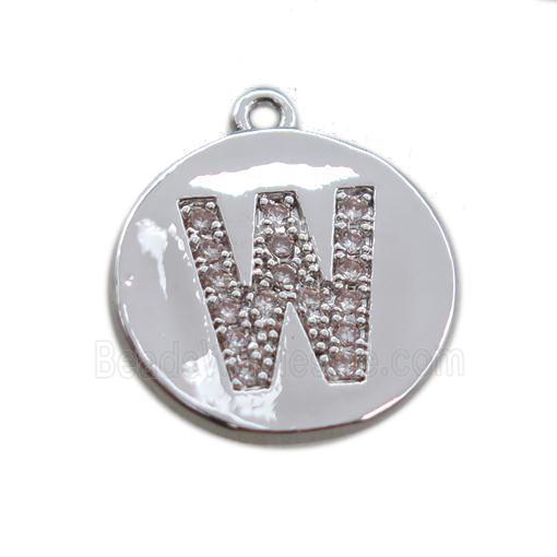 copper letter-W pendant paved zircon, platinum plated