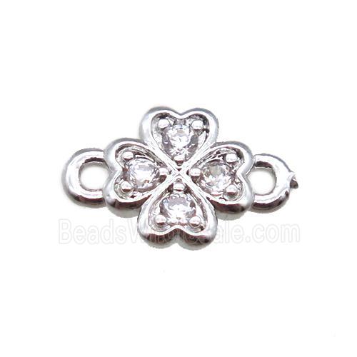 copper clover connector paved zircon, platinum plated