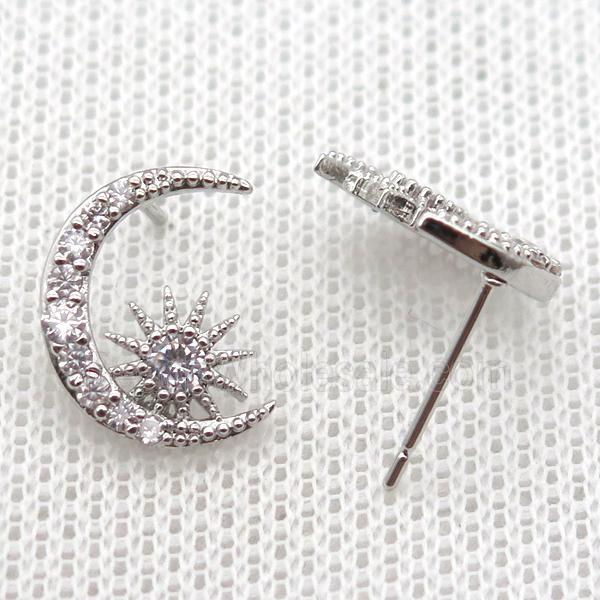 copper stud Earrings pave zircon, moon, platinum plated