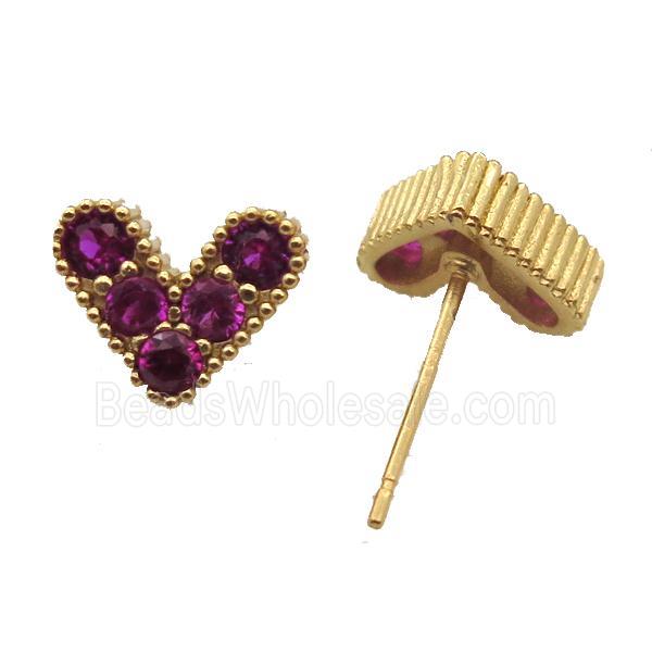 copper stud Earrings pave zircon, heart, gold plated