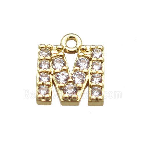 copper letter-M pendant paved zircon, gold plated