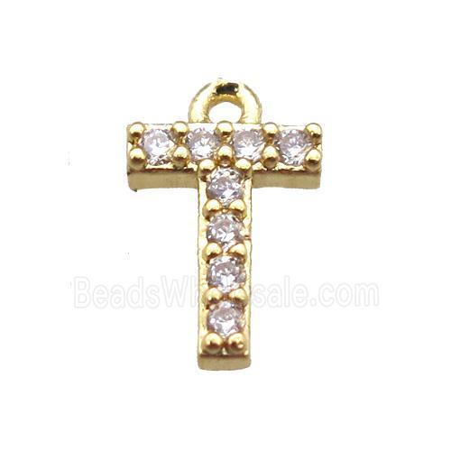 copper letter-T pendant paved zircon, gold plated