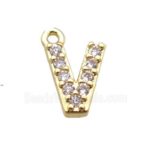 copper letter-V pendant paved zircon, gold plated