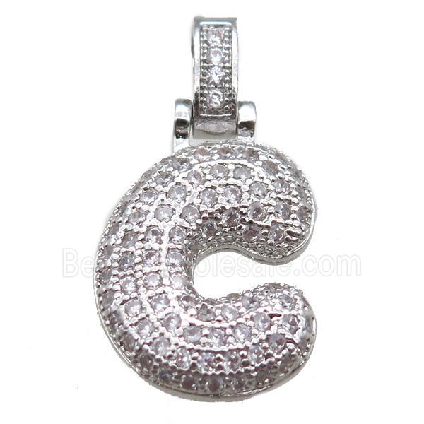 copper letter-C pendant paved zircon, platinum plated