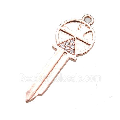 copper key pendant paved zircon, rose gold