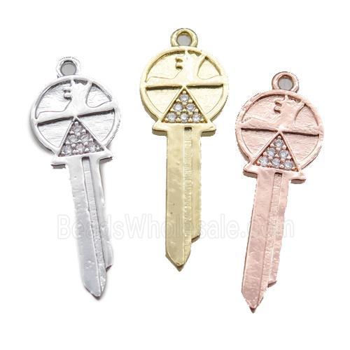copper key pendant paved zircon, mixed color