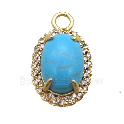 copper oval pendant paved zircon with turquoise, gold plated