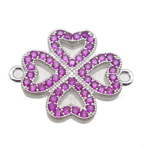copper clover connector paved zircon, platinum plated