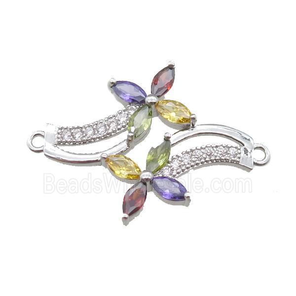 copper flower connector paved zircon, platinum plated