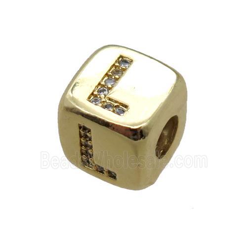 copper letter-L beads paved zircon, cube, gold plated