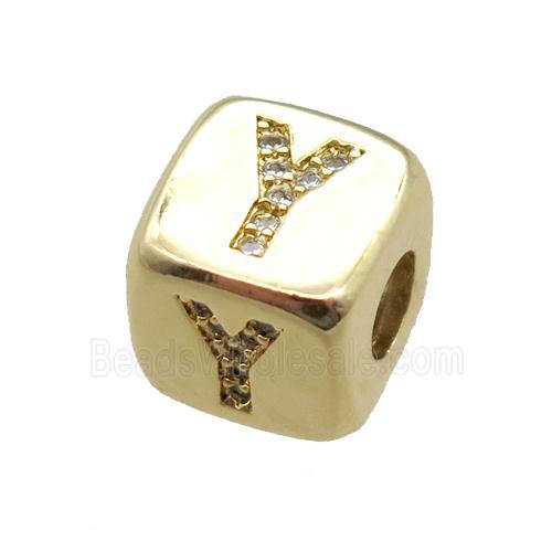 copper letter-Y beads paved zircon, cube, gold plated