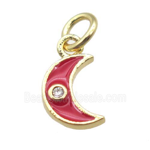 copper moon pendant paved zircon, red enameling, gold plated
