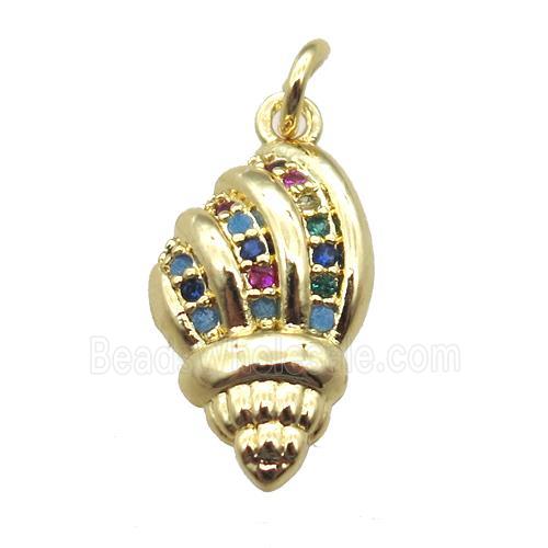 copper conch shell pendant pave zircoon, gold plated