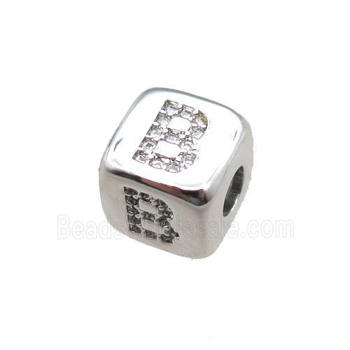 copper letter-B beads paved zircon, cube, platinum plated