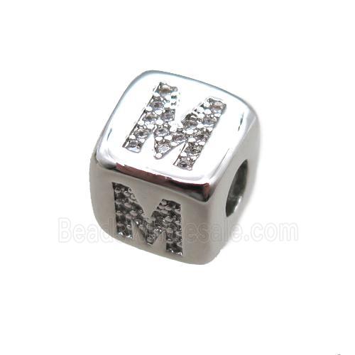 copper letter-M beads paved zircon, cube, platinum plated