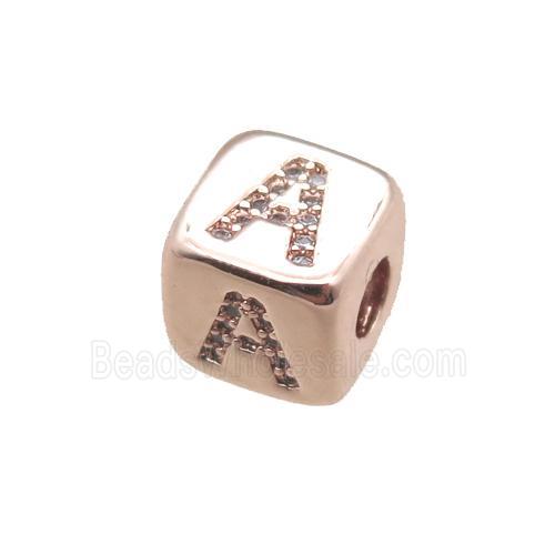 copper letter-A beads paved zircon, cube, rose gold