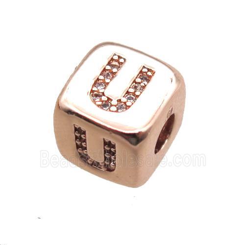 copper letter-U beads paved zircon, cube, rose gold