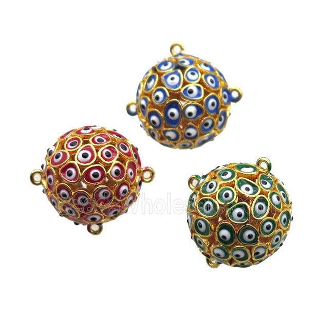 enameling copper hollow round connector with evail eye, mixed color, gold plated