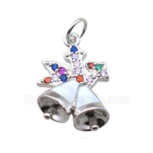 copper Christmas Bell pendant paved zircon, platinum plated