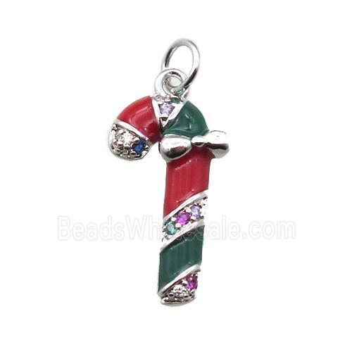 copper Candy Cane pendant paved zircon, platinum plated