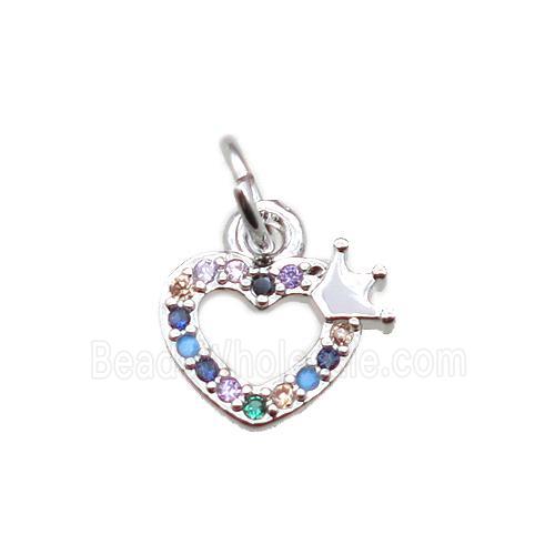 copper crown heart pendant paved zircon, platinum plated