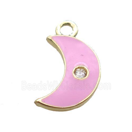 pink enameling copper moon pendant paved zircon, gold plated