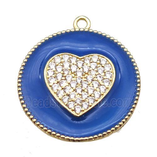 copper heart pendant pave zircon with blue enameling, gold plated