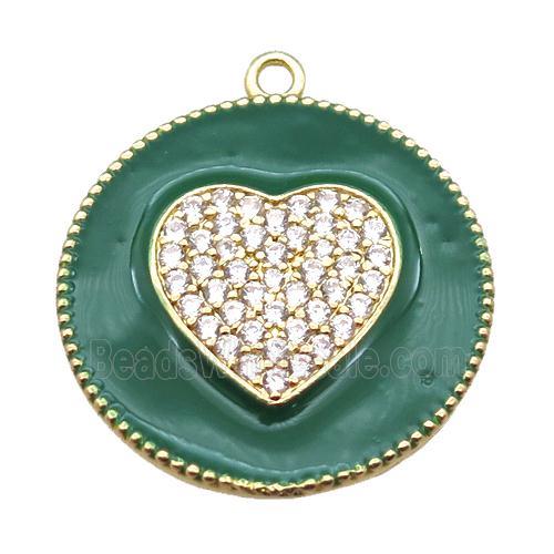 copper heart pendant pave zircon with green enameling, gold plated