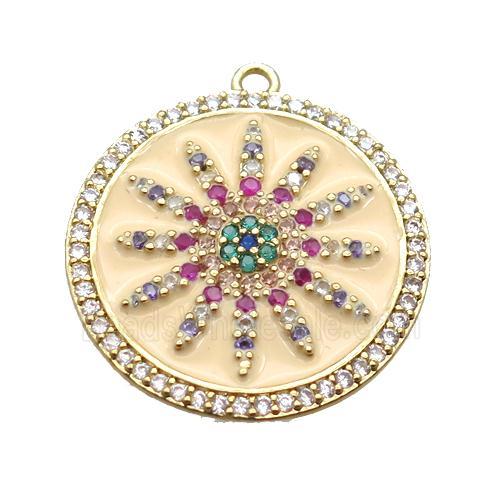 copper sunflower pendant pave zircon with enameling, gold plated