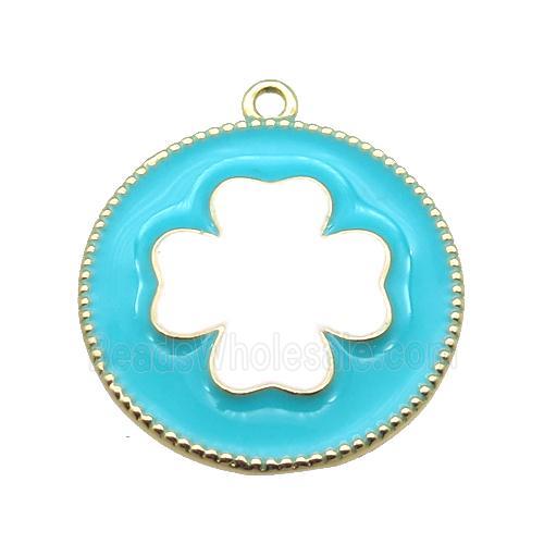 copper clover pendant with aqua enameling, gold plated