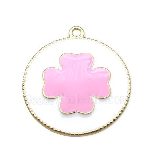 copper clover pendant with pink enameling, gold plated