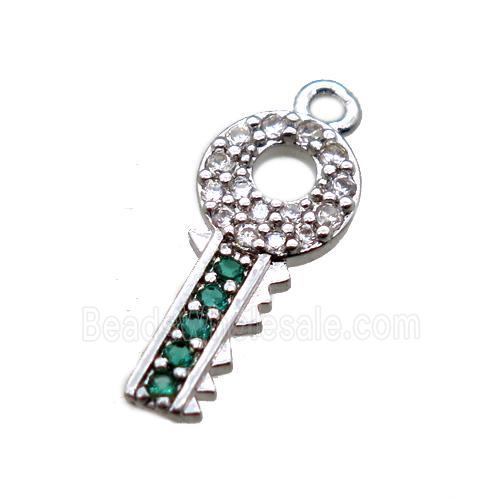 copper key pendant paved zircon, platinum plated