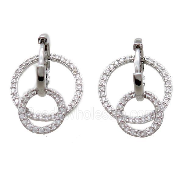 copper Hoop Earrings paved zircon, circle, platinum plated