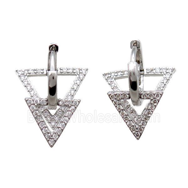 copper Hoop Earrings paved zircon, triangle, platinum plated