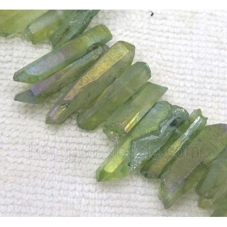 clear quartz beads, stick. freeform, green-AB color